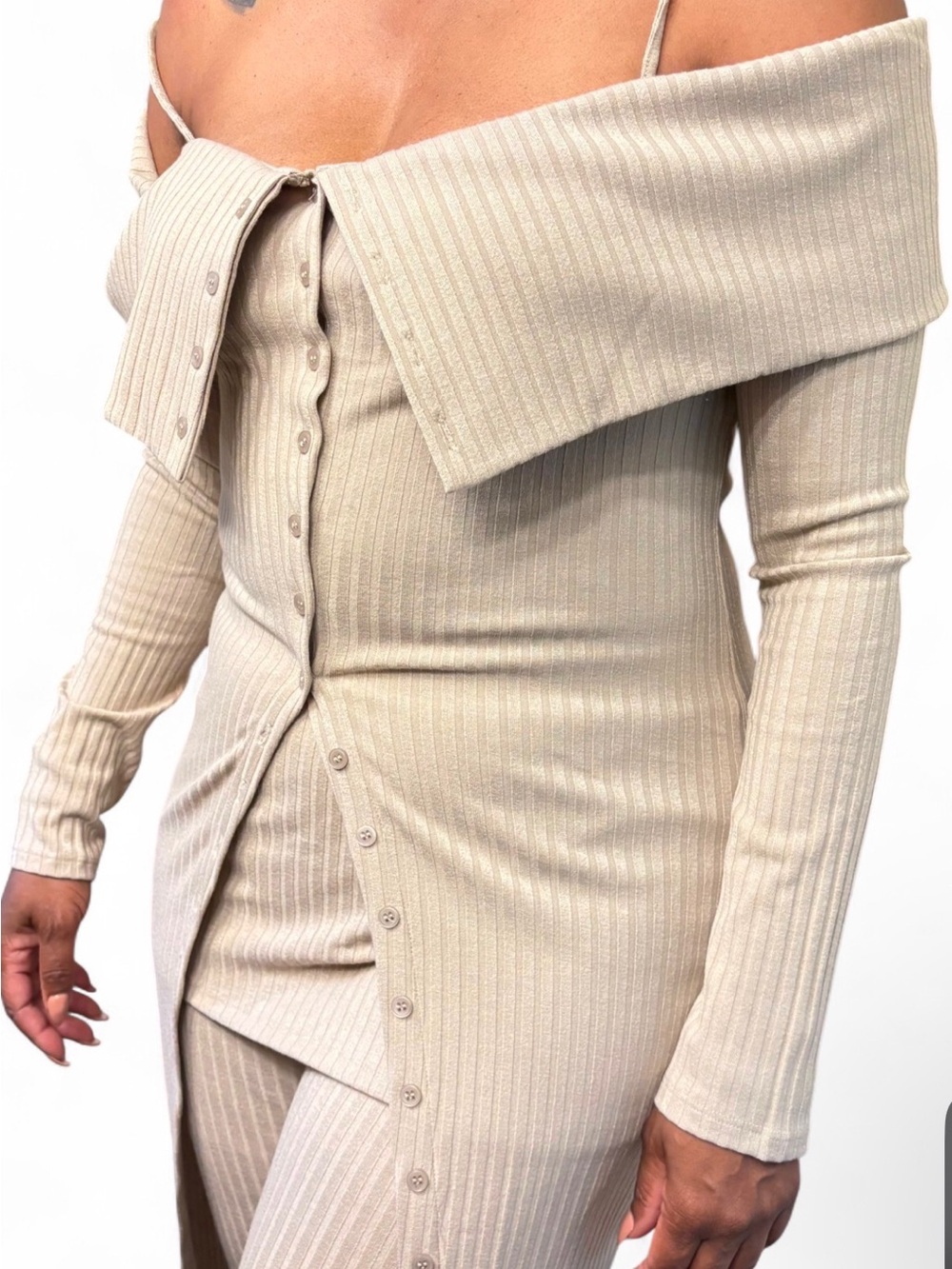 Finesse Off-Shoulder Ribbed Button-Front Knit Set in Beige - Picture 3 of 6